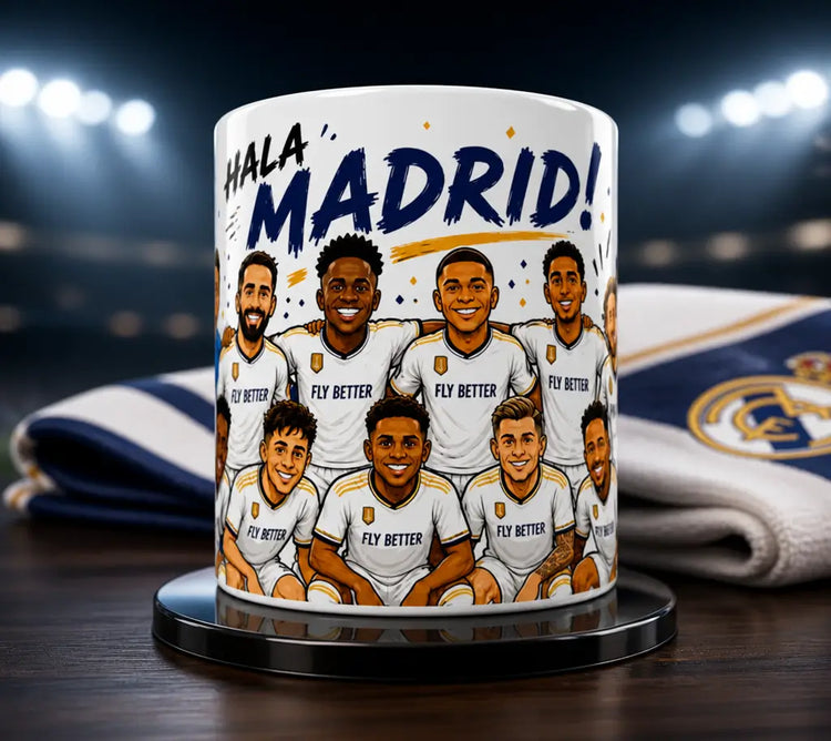Taza del Real Madrid con jugadores y escudo, ideal para un aficionado disfrutando un partido en casa.