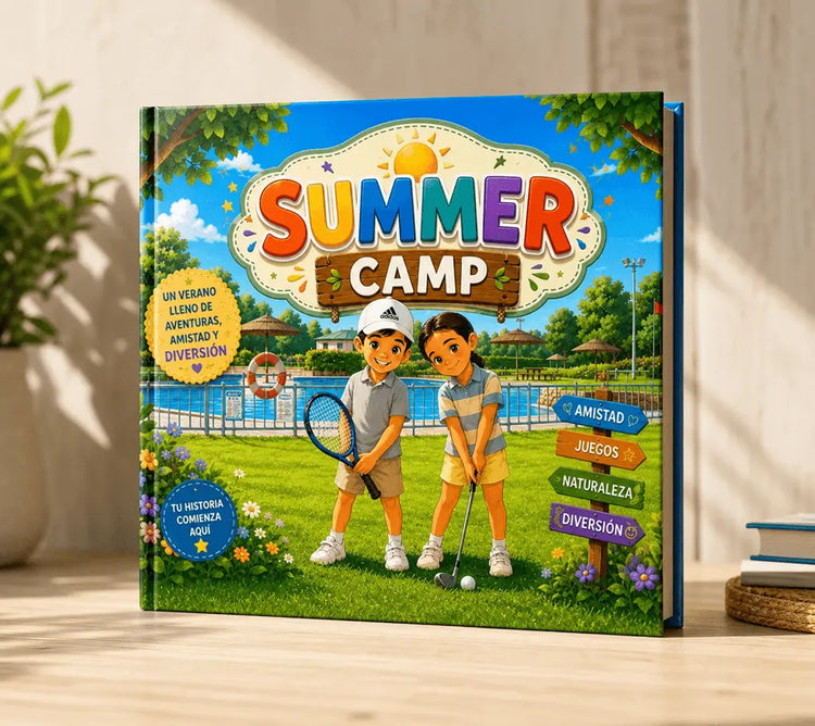 Portada del cuento infantil Summer Camp con niños jugando al golf y tenis en un campamento de verano