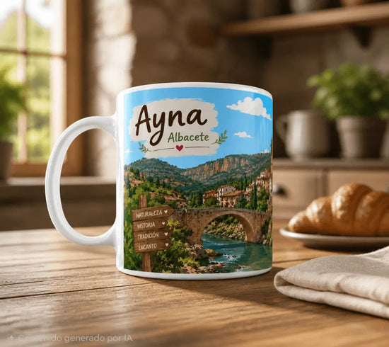 Ilustración artística detallada de Ayna, Albacete, mostrando sus casas escalonadas, la iglesia y el paisaje de montaña para taza personalizada.