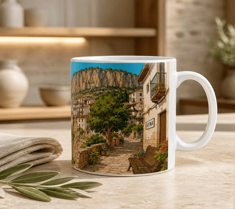 Ilustración artística detallada de Ayna, Albacete, mostrando sus casas escalonadas, la iglesia y el paisaje de montaña para taza personalizada.