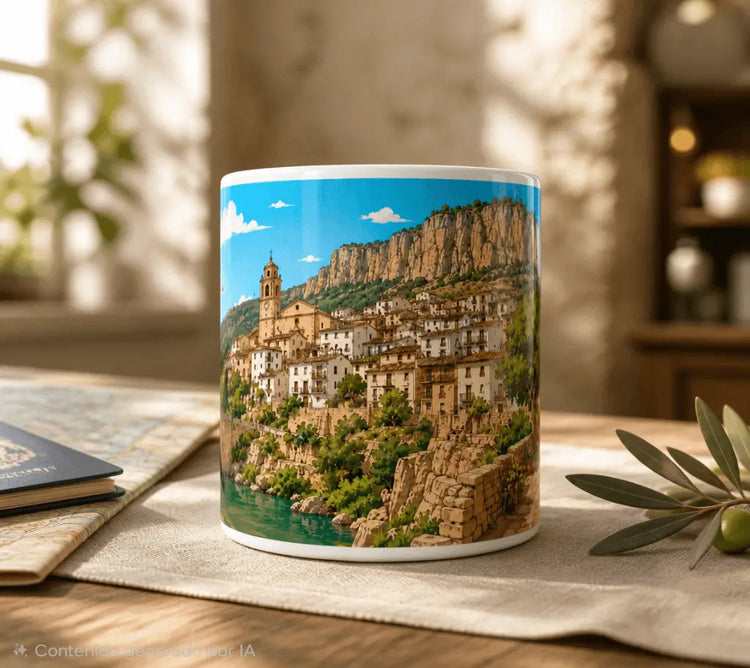 Ilustración artística detallada de Ayna, Albacete, mostrando sus casas escalonadas, la iglesia y el paisaje de montaña para taza personalizada.