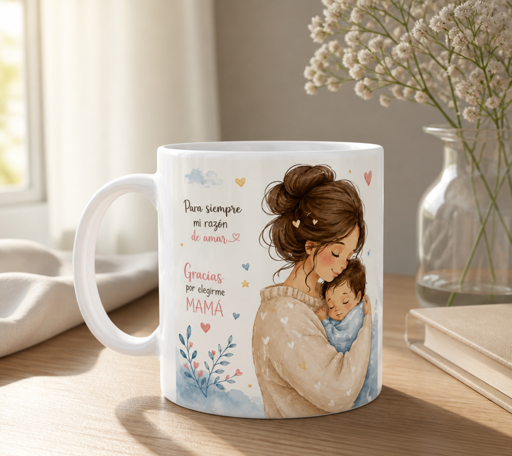 Taza de natalicio personalizada con ilustración de mamá abrazando a su bebé y datos de nacimiento como peso, fecha y hora.