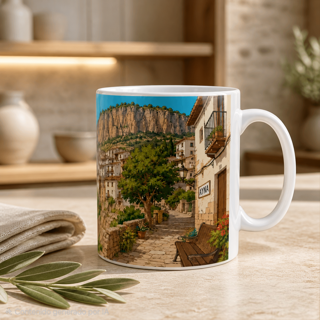 Taza de cerámica blanca con impresión 360 grados del paisaje de Ayna y el lema "Pueblo encantador entre montañas".
