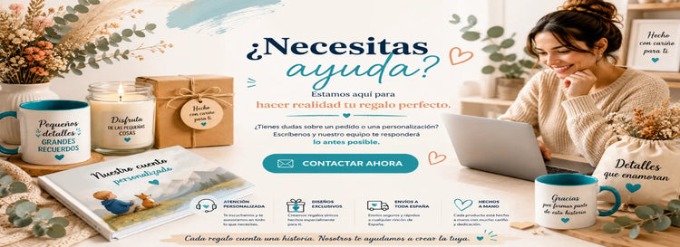 Banner de contacto de ÓliverPrints con regalos personalizados hechos a mano, incluyendo tazas personalizadas, velas artesanales, cuentos personalizados y atención al cliente para resolver dudas sobre pedidos y personalizaciones.