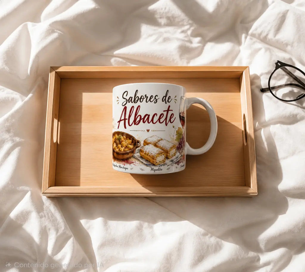 Primer plano de la ilustración de la taza donde se aprecian detalles de Miguelitos de La Roda y una orza de barro con gazpachos manchegos.