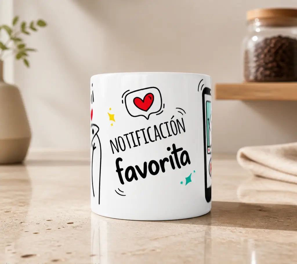 Primer plano del diseño de la taza "Eres mi notificación favorita", enfocando en el personaje Flork, los corazones y la burbuja de notificación con un corazón.