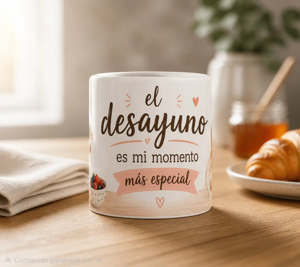 Primer plano del diseño de la taza "El desayuno es mi momento más especial", mostrando la calidad de la impresión y los detalles gráficos como los corazones y la cinta rosa.