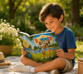 Niño sonriente leyendo el cuento ilustrado personalizado Summer Camp de ÓliverPrints en un entorno natural y soleado