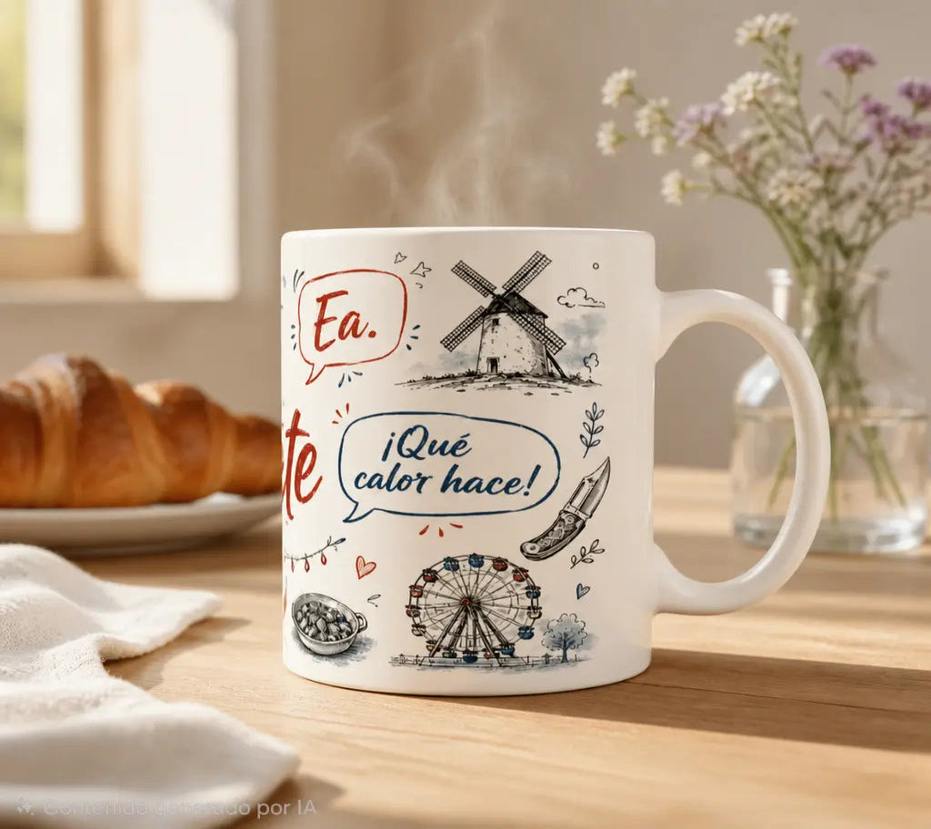 Vista frontal de la taza de cerámica con el diseño &