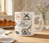 Vista frontal de la taza de cerámica con el diseño &