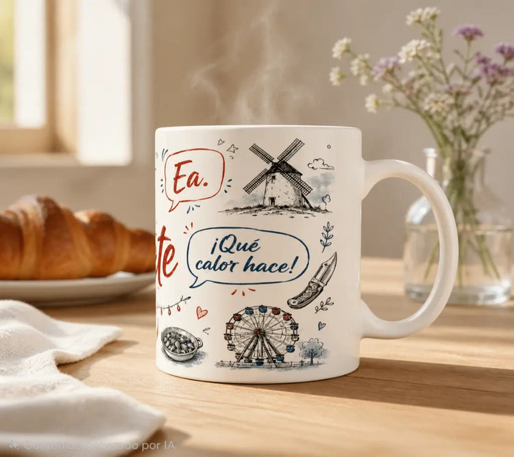 Vista frontal de la taza de cerámica con el diseño &