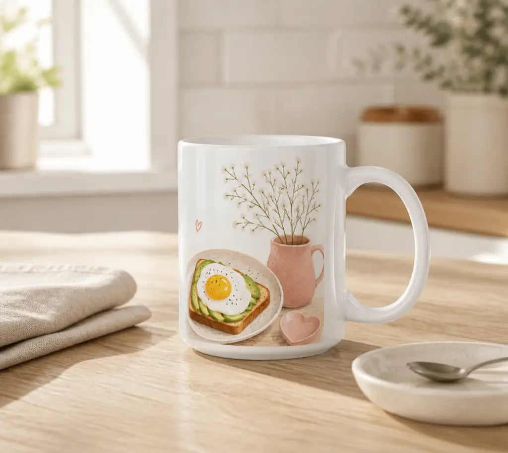 Taza "El desayuno es mi momento más especial" en un ambiente acogedor de cocina, con un croissant, miel y bayas frescas, evocando una mañana tranquila y placentera.