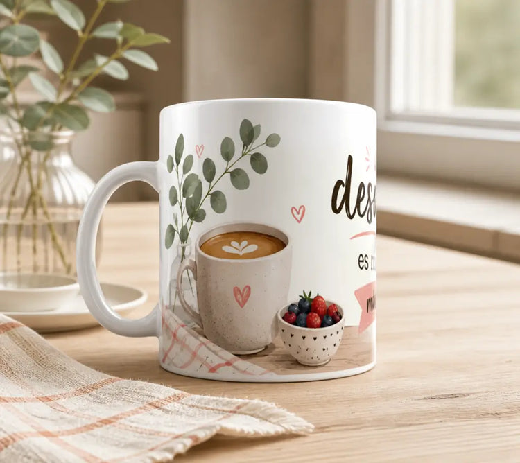 Taza de cerámica blanca con la frase "El desayuno es mi momento más especial" en tipografía marrón y rosa, con pequeños corazones y detalles de acuarela, sobre una mesa de madera con un croissant y miel de fondo.