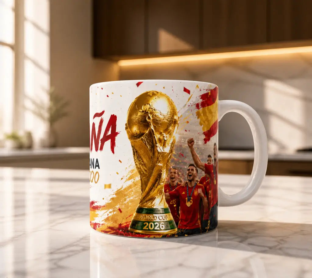 Taza de cerámica inspirada en el fútbol español, perfecta como regalo para seguidores de la selección y aficionados al deporte.