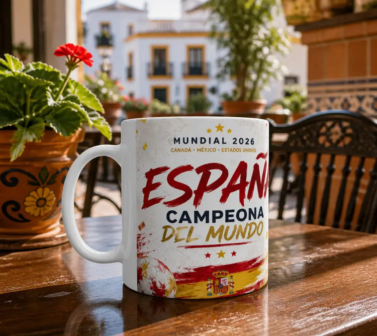 Taza España Fútbol 2026 de cerámica con diseño inspirado en la pasión por el fútbol español, ideal como regalo para aficionados.