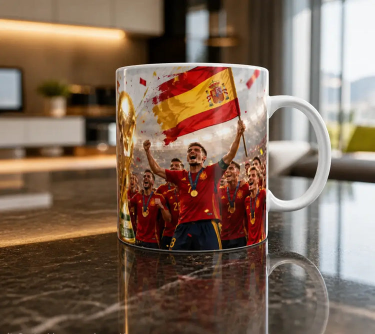 Vista lateral de la taza España Fútbol 2026 con diseño deportivo en colores rojo y amarillo para amantes del fútbol.