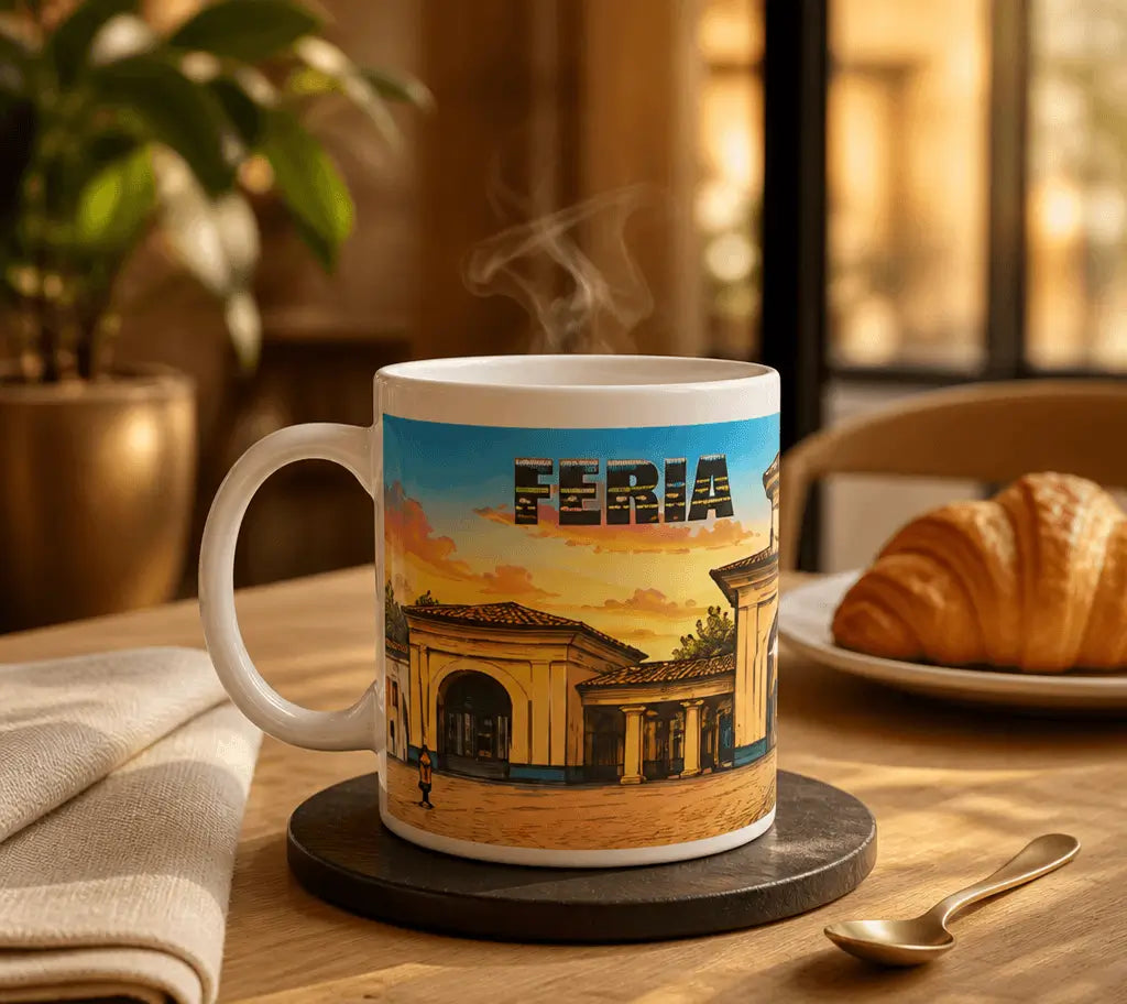 Taza blanca de cerámica con ilustración artística del recinto ferial de Albacete al atardecer, con el texto "FERIA ALBACETE", ideal como souvenir.