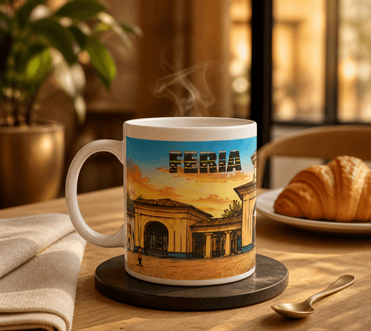Taza blanca de cerámica con ilustración artística del recinto ferial de Albacete al atardecer, con el texto "FERIA ALBACETE", ideal como souvenir.