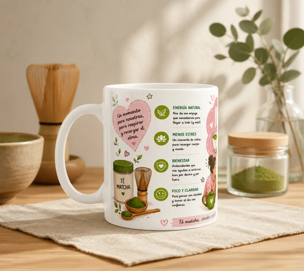 Taza Mamis Matcha personalizada con ilustraciones de té matcha y mensajes inspiradores para regalar a mamá