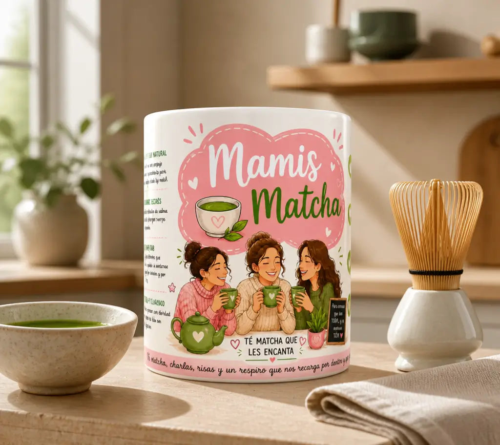 Vista frontal de la taza Mamis Matcha con ilustración de tres mamás disfrutando de una taza de matcha y diseño exclusivo de ÓliverPrints