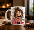 Diseño extendido de taza con la frase "mi estado de ánimo es LOCA" y dibujo de chica con café, estrellas y corazones.