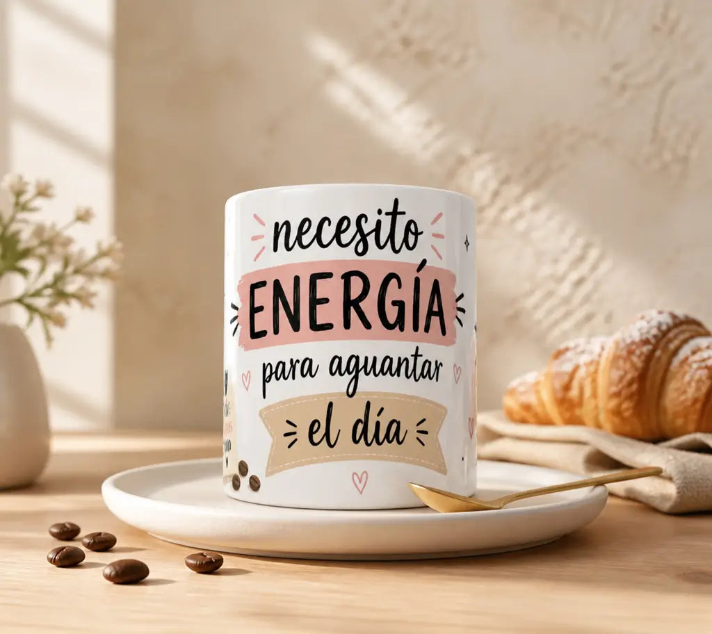 Taza original con la frase "Necesito Energía para Aguantar el Día", perfecta para desayunos, oficina y regalo original.