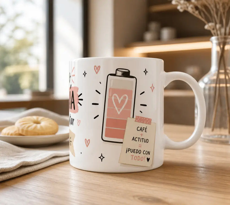 Vista lateral de la taza con ilustraciones de café y mensaje motivador, ideal como regalo para amantes del café.