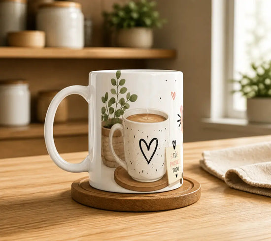Taza "Necesito Energía para Aguantar el Día" de cerámica blanca con diseño divertido para amantes del café y desayuno.
