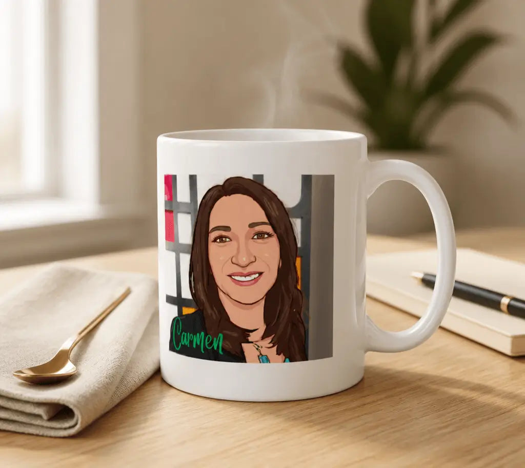 Taza personalizada con dibujo de caricatura de un hombre con barba y su nombre, perfecta para un regalo original.