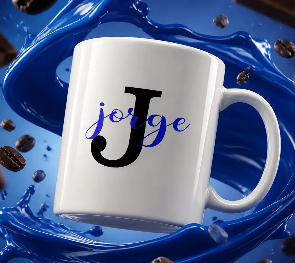 Taza blanca de cerámica personalizada con la inicial &