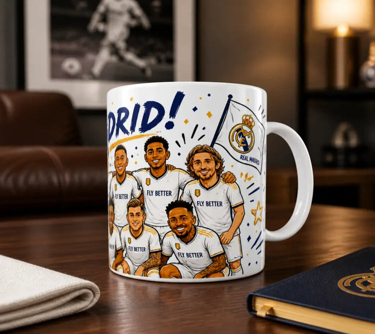 Taza del Real Madrid con jugadores y escudo, ideal para un aficionado disfrutando un partido en casa.