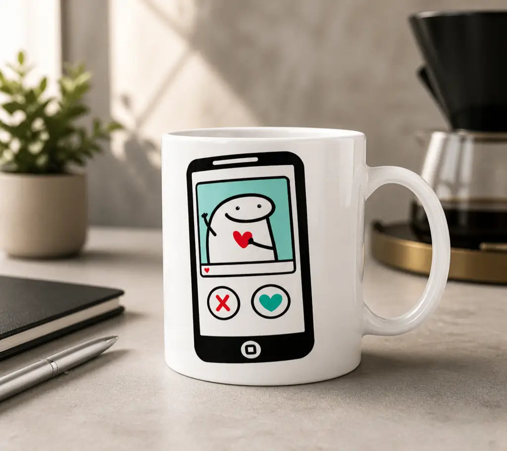 Taza de cerámica blanca con el diseño "Eres mi notificación favorita" de Flork, mostrando el personaje con corazones rojos y el texto principal.