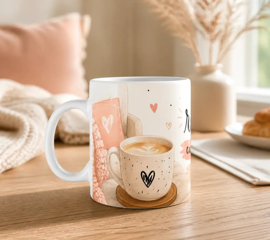 Taza Relax Café con Leche y Tele con ilustración de una taza de café sobre un sofá acogedor, ideal para amantes del café y los momentos de descanso.