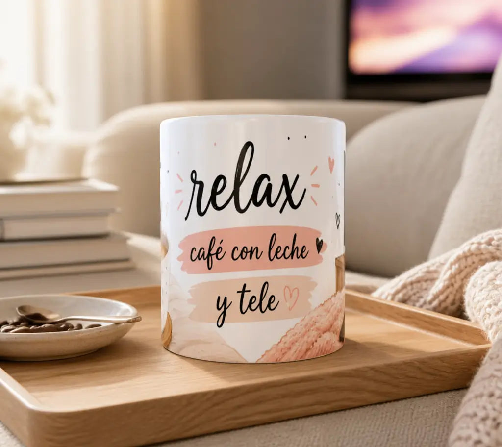 Taza de cerámica con la frase "Relax, Café con Leche y Tele", regalo original para amantes del café, las series y los momentos de relax en casa.