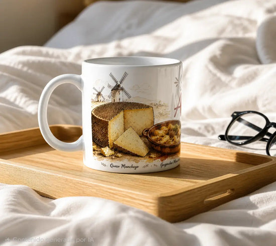 Diseño artístico extendido para taza con ilustraciones de gastronomía típica de Albacete: queso manchego, gazpachos, miguelitos y molinos de viento.