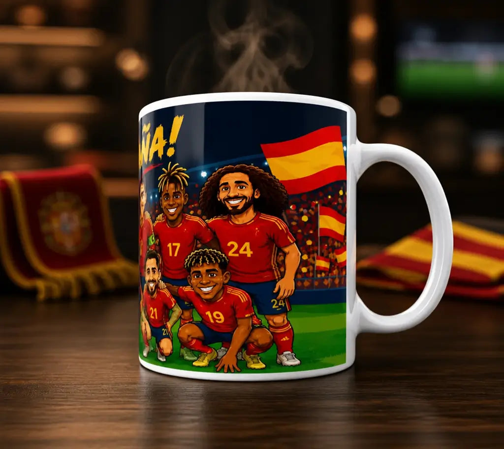 Taza de la Selección Española de fútbol en un ambiente de partido, ideal para animar a La Roja durante el Mundial.