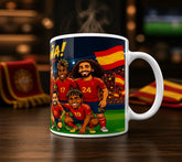Taza de la Selección Española de fútbol en un ambiente de partido, ideal para animar a La Roja durante el Mundial.