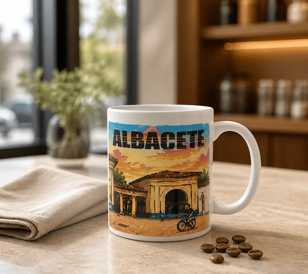 Taza souvenir de la Feria de Albacete, presentada como regalo, perfecta para recordar las fiestas.
