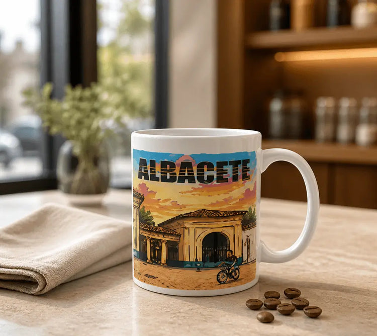 Taza souvenir de la Feria de Albacete, presentada como regalo, perfecta para recordar las fiestas.